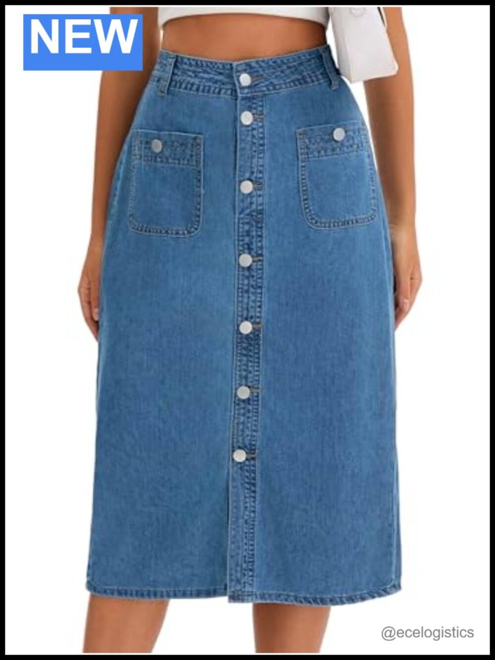 High Waisted A-Line Midi Denim Skirt with Front Slit